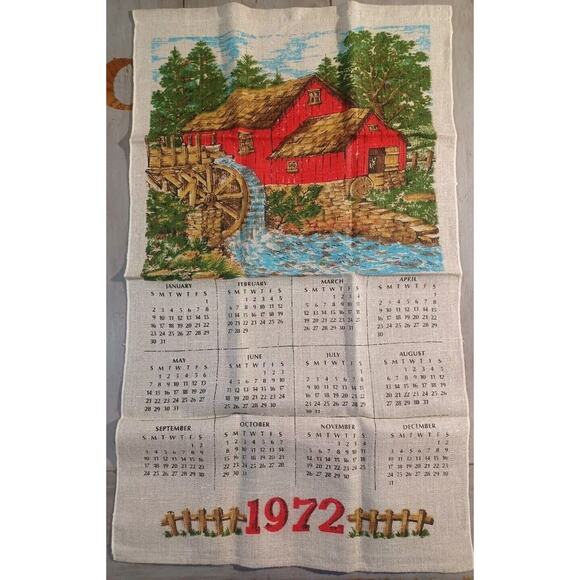 VTG 1972 Linen Hanging Calendar Kitchen Tea Towel Red Barn Old Mill Water Wheel - Picture 1 of 7